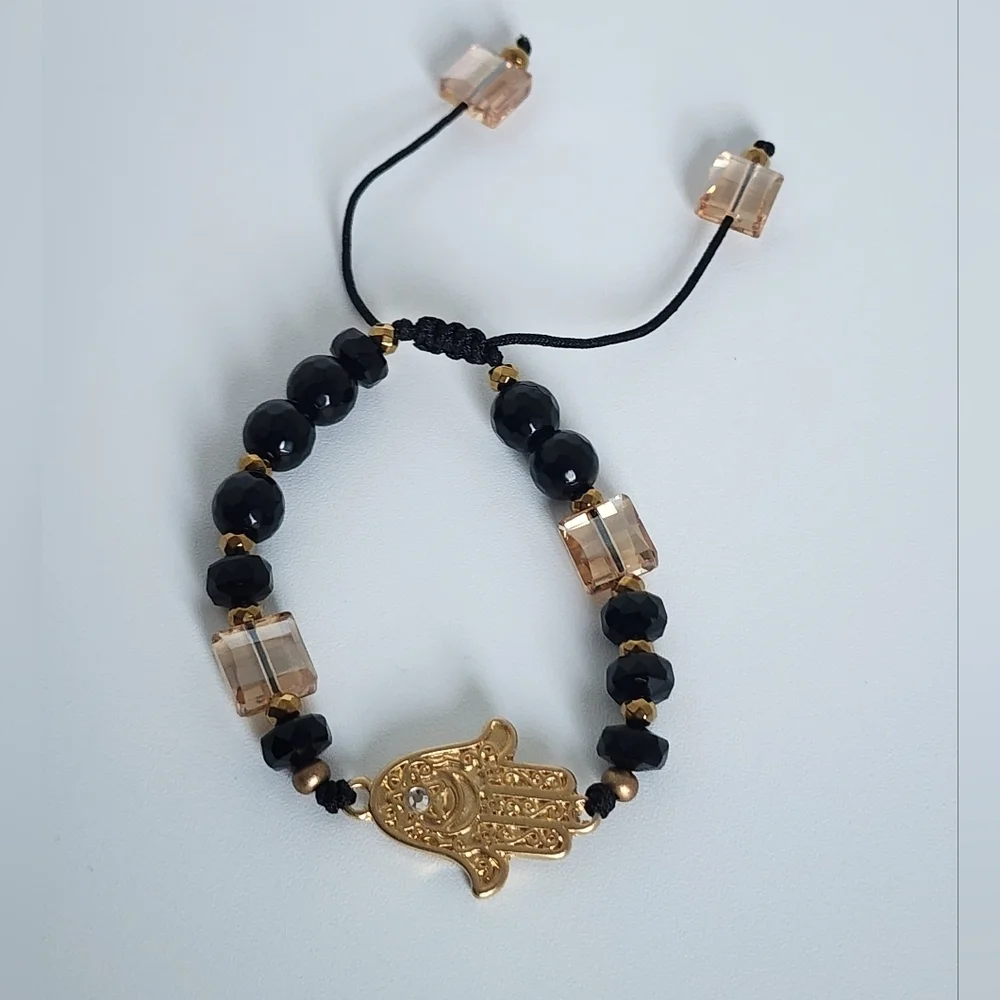 Adjustable Hamsa Hand Bracelet Black Beaded Gold Tone Crystal Accent
